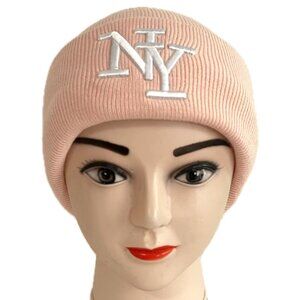 Embroidered NY Men Women Winter Knit Warm Fur lined Beanie Hat - Pink/Black